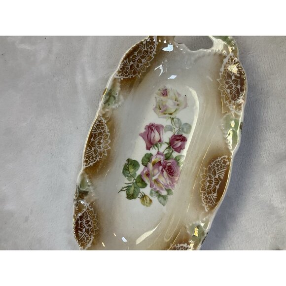 Antique German Transferware Porcelain Dish Candy Relish Trinket Pink Rose Floral - Picture 2 of 6